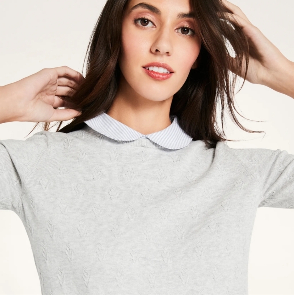 Brooks Brothers Striped Collar Leaf-Stitched Cotton Sweater In Grey Sz S